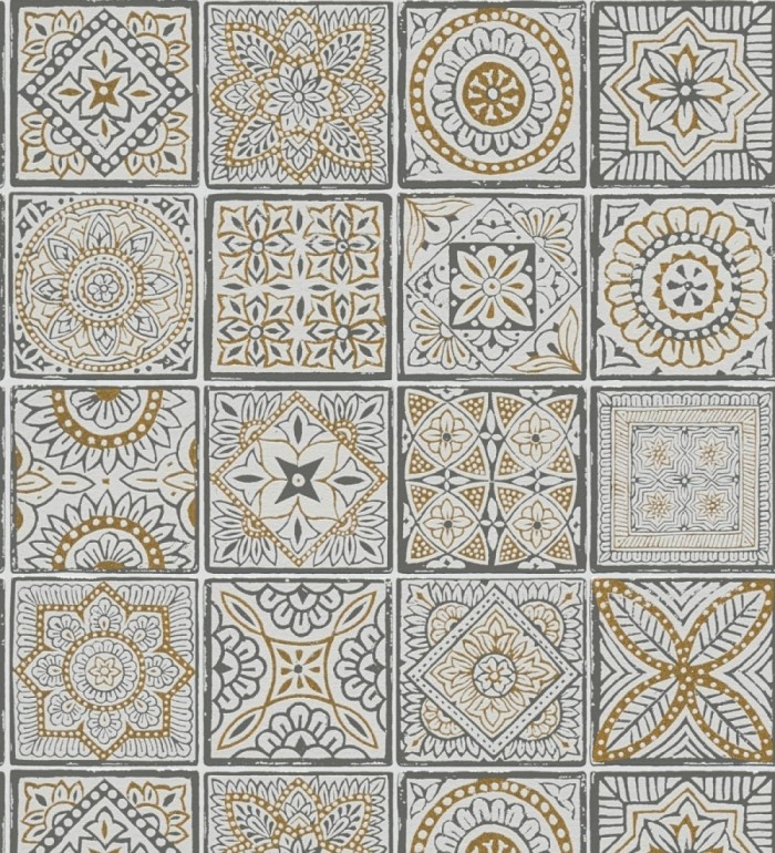 Papel pintado de azulejos de inspiración árabe color oro gris oscuro y blanco - Marrakech Tiles 683288