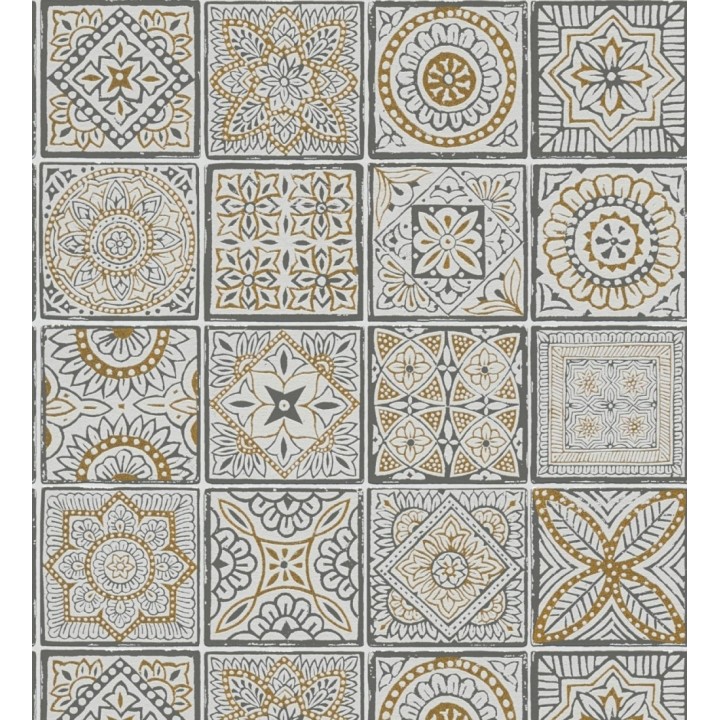 Papel pintado de azulejos de inspiración árabe color oro gris oscuro y blanco - Marrakech Tiles 683288