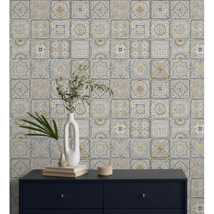 Papel pintado de azulejos de inspiración árabe color oro gris oscuro y blanco - Marrakech Tiles 683288