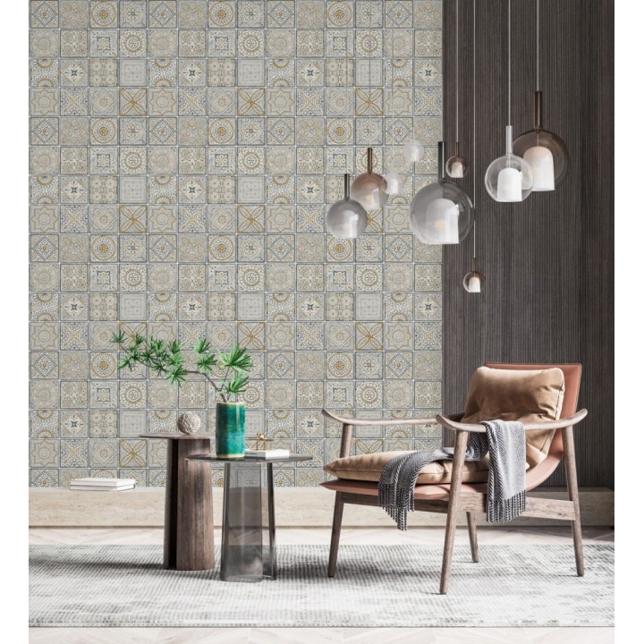 Papel pintado de azulejos de inspiración árabe color oro gris oscuro y blanco - Marrakech Tiles 683288