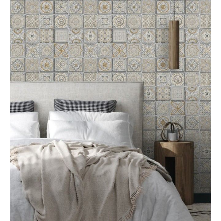 Papel pintado de azulejos de inspiración árabe color oro gris oscuro y blanco - Marrakech Tiles 683288
