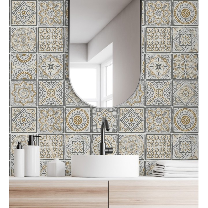 Papel pintado de azulejos de inspiración árabe color oro gris oscuro y blanco - Marrakech Tiles 683288