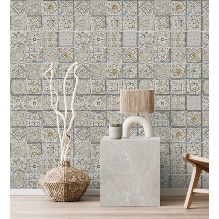Papel pintado de azulejos de inspiración árabe color oro gris oscuro y blanco - Marrakech Tiles 683288
