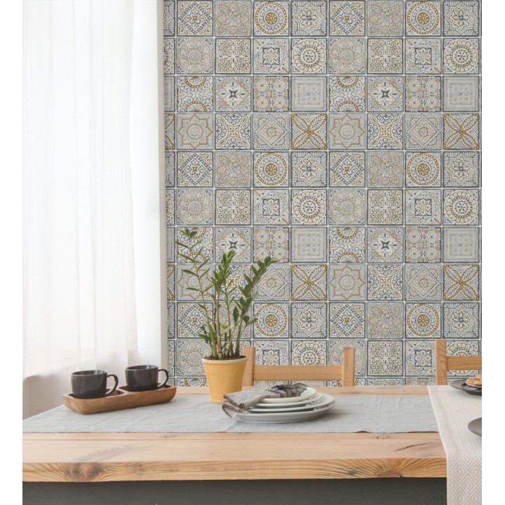 Papel pintado de azulejos de inspiración árabe color oro gris oscuro y blanco - Marrakech Tiles 683288