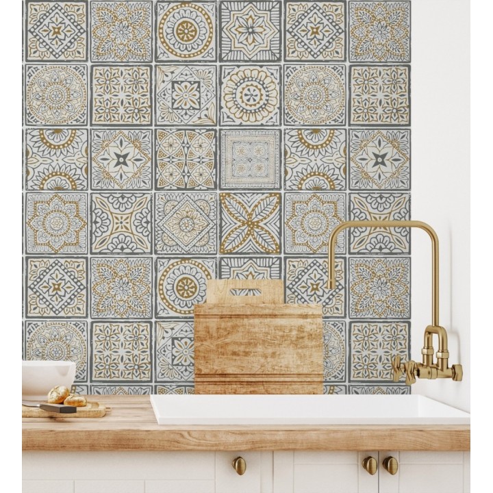 Papel pintado de azulejos de inspiración árabe color oro gris oscuro y blanco - Marrakech Tiles 683288