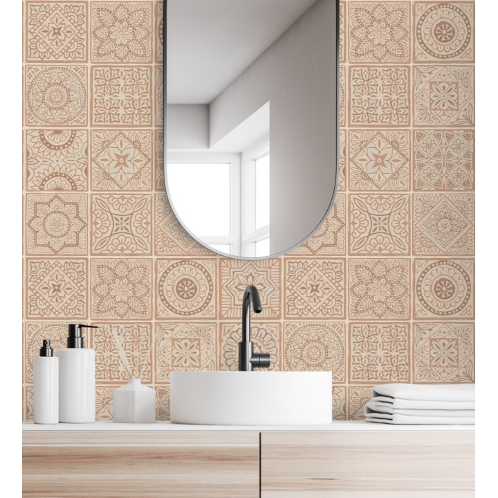 Papel pintado de azulejos de inspiración árabe en color terracota palido y beige - Marrakech Tiles 683289