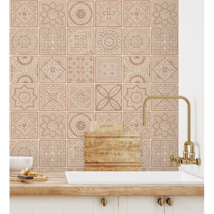 Papel pintado de azulejos de inspiración árabe en color terracota palido y beige - Marrakech Tiles 683289