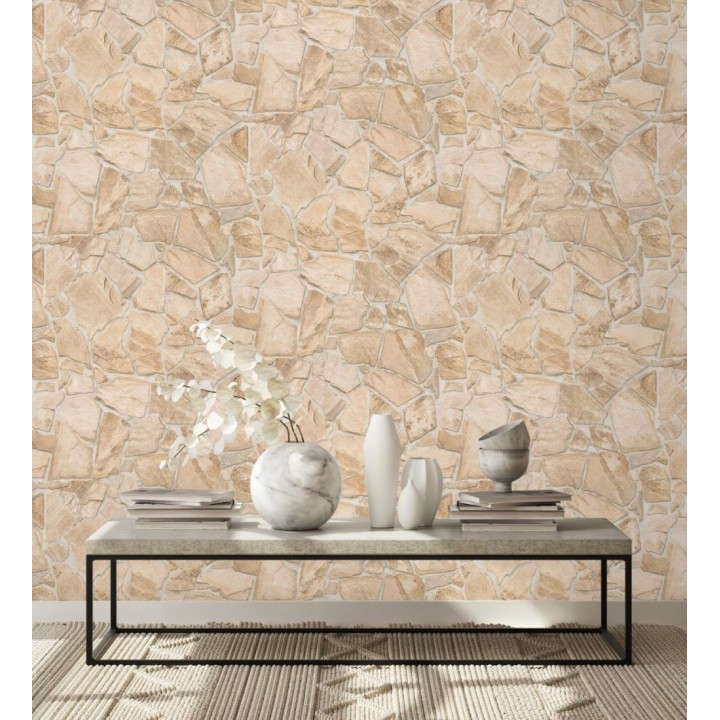 Papel pintado de piedra natural texturizada estilo rústico tonos arena - Limestone 683291