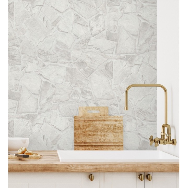 Papel pintado de piedra natural texturizada estilo rústico en tonos blancos y grises - Limestone 683294