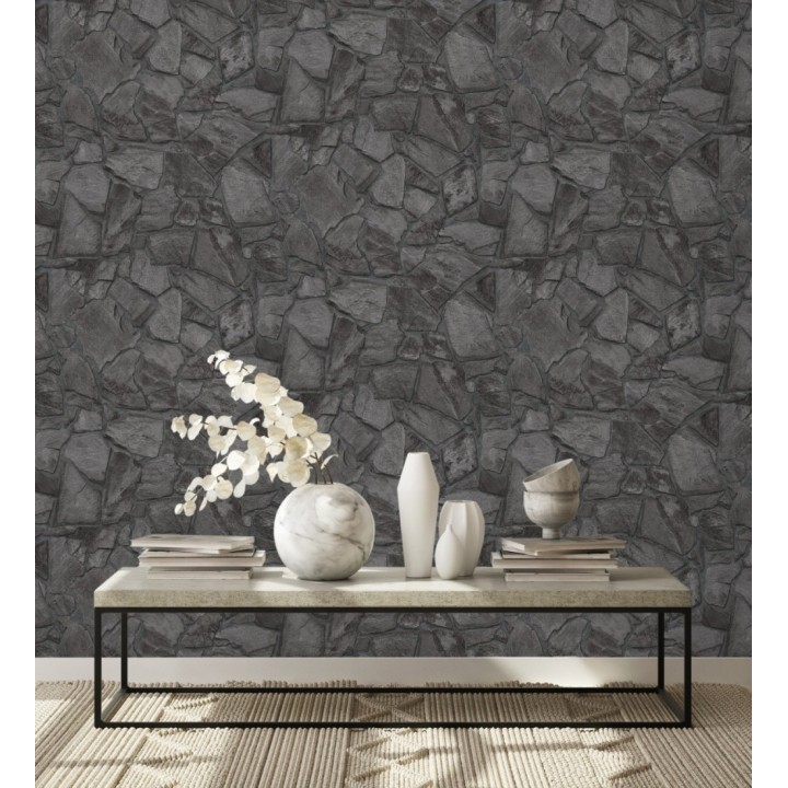Papel pintado de piedra natural texturizada estilo rústico tonos grises oscuro - Limestone 683295