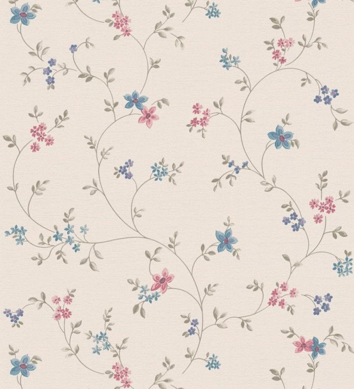 Papel pintado de flores pequeñas con textura entelada en colores azul y magenta fondo beige - Petit Spring 683296