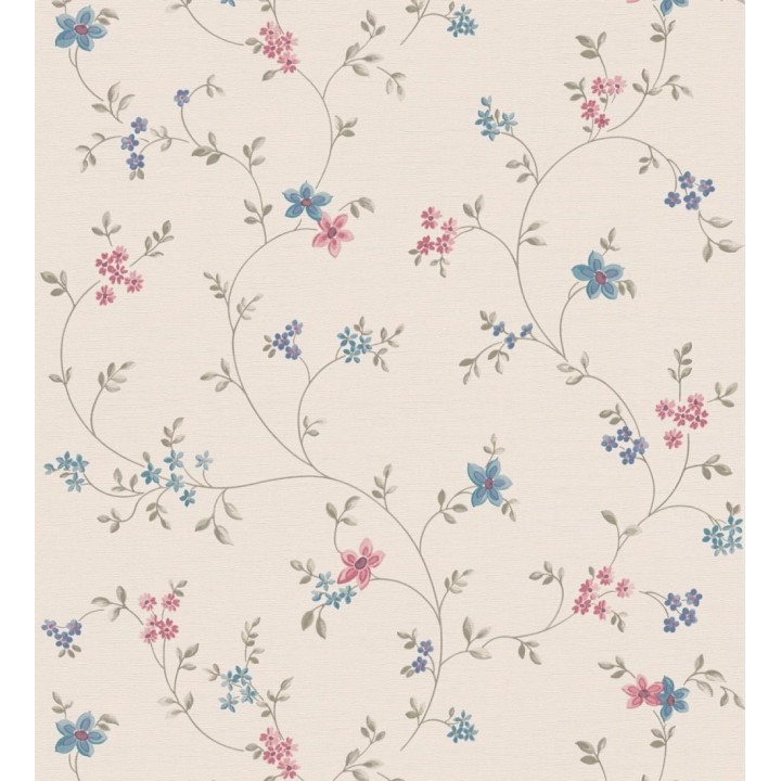 Papel pintado de flores pequeñas con textura entelada en colores azul y magenta fondo beige - Petit Spring 683296