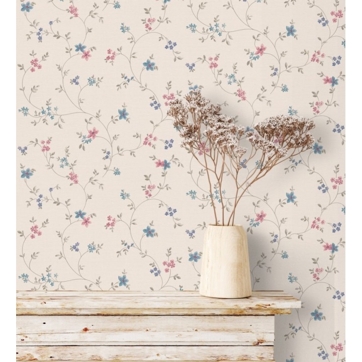 Papel pintado de flores pequeñas con textura entelada en colores azul y magenta fondo beige - Petit Spring 683296