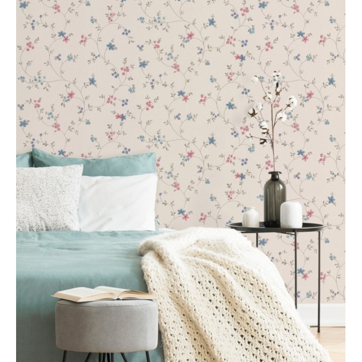 Papel pintado de flores pequeñas con textura entelada en colores azul y magenta fondo beige - Petit Spring 683296