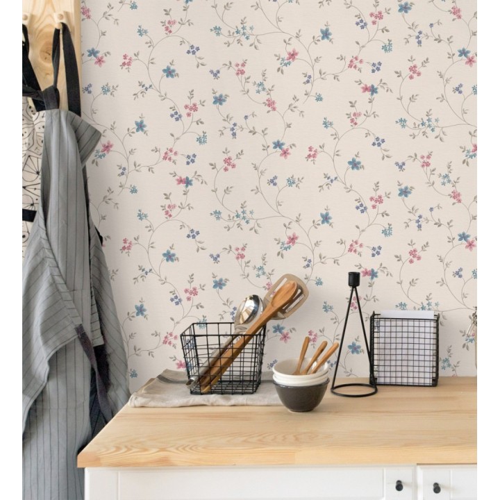 Papel pintado de flores pequeñas con textura entelada en colores azul y magenta fondo beige - Petit Spring 683296