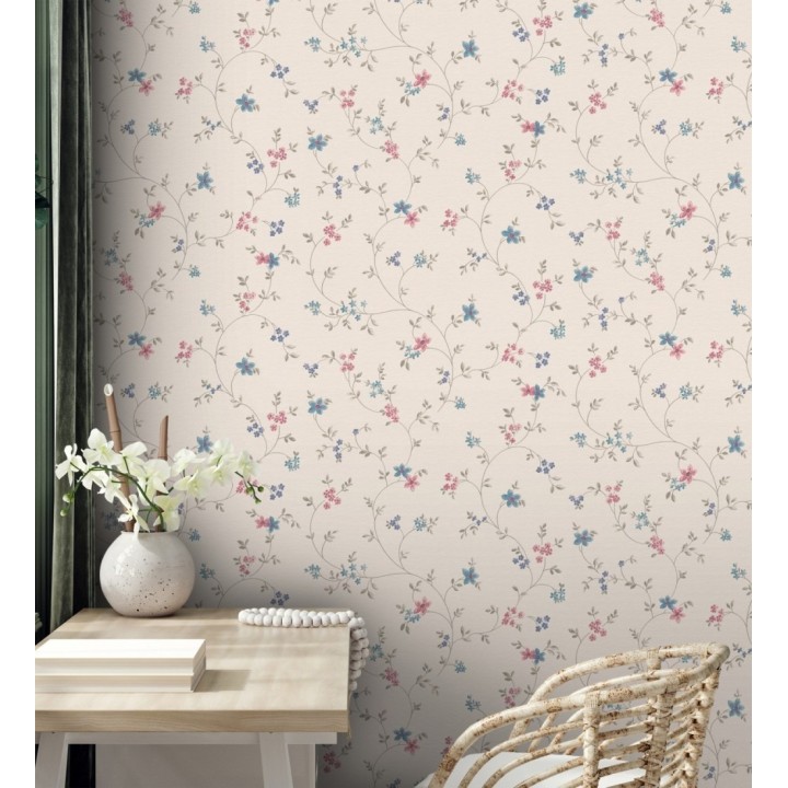 Papel pintado de flores pequeñas con textura entelada en colores azul y magenta fondo beige - Petit Spring 683296