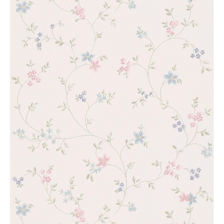 Papel pintado de flores pequeñas con textura entelada en colores celeste y rosa fondo blanco roto - Petit Spring 683297