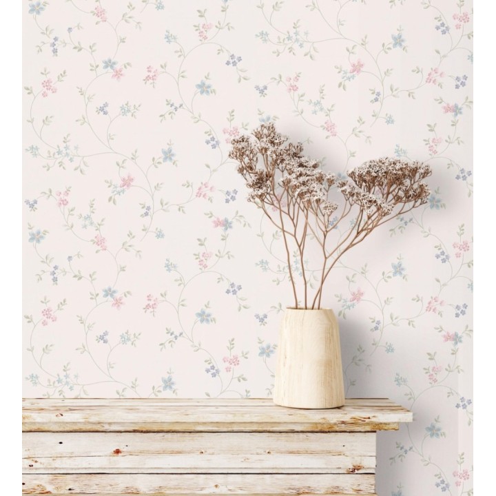 Papel pintado de flores pequeñas con textura entelada en colores celeste y rosa fondo blanco roto - Petit Spring 683297