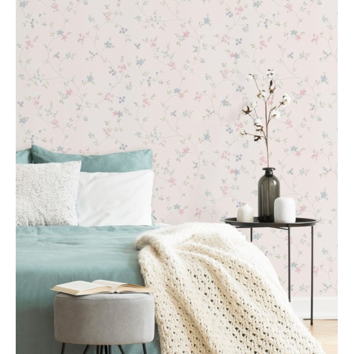 Papel pintado de flores pequeñas con textura entelada en colores celeste y rosa fondo blanco roto - Petit Spring 683297