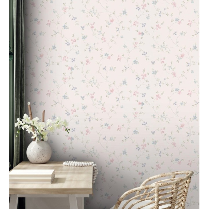 Papel pintado de flores pequeñas con textura entelada en colores celeste y rosa fondo blanco roto - Petit Spring 683297