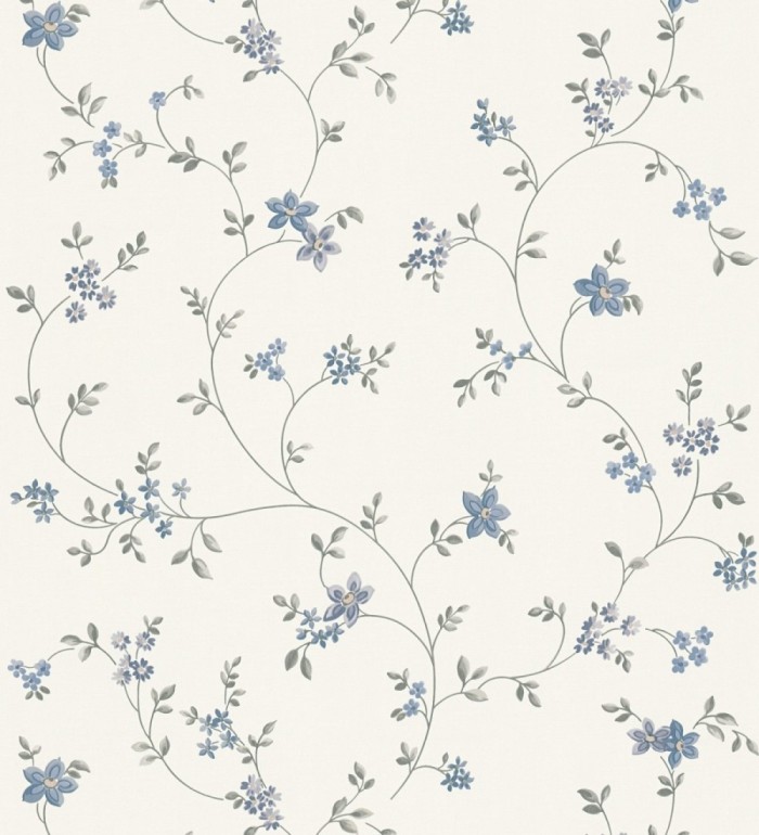 Papel pintado de flores pequeñas con textura entelada en colores azul y gris fondo blanco - Petit Spring 683298