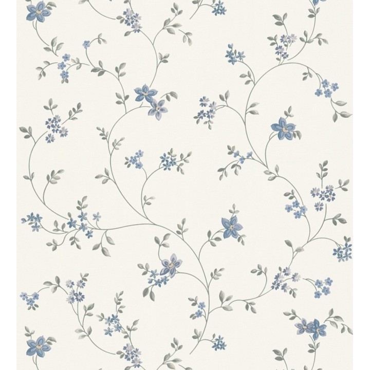 Papel pintado de flores pequeñas con textura entelada en colores azul y gris fondo blanco - Petit Spring 683298