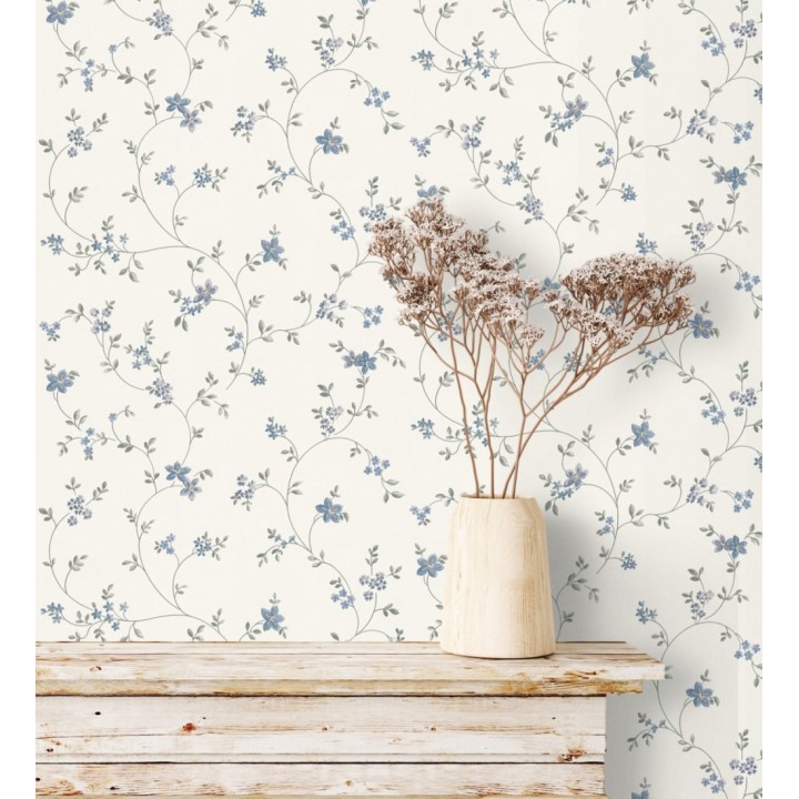 Papel pintado de flores pequeñas con textura entelada en colores azul y gris fondo blanco - Petit Spring 683298