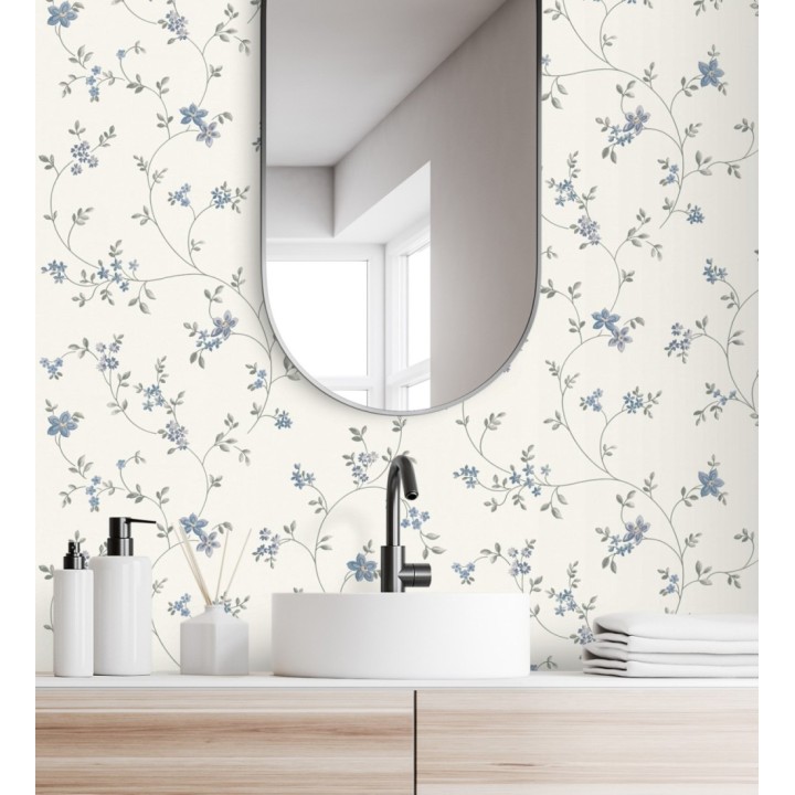 Papel pintado de flores pequeñas con textura entelada en colores azul y gris fondo blanco - Petit Spring 683298