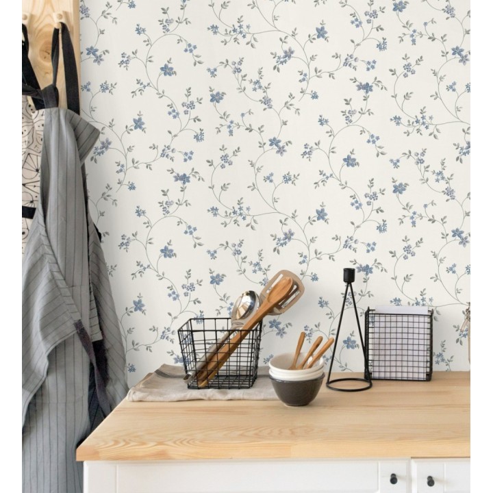 Papel pintado de flores pequeñas con textura entelada en colores azul y gris fondo blanco - Petit Spring 683298