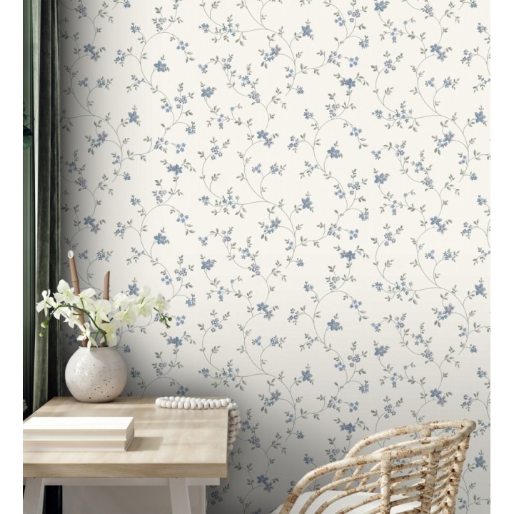 Papel pintado de flores pequeñas con textura entelada en colores azul y gris fondo blanco - Petit Spring 683298