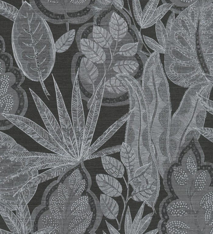 Papel pintado botánico con grandes hojas de estilo étnico colores negro y blanco - Kenya Leaves 683303
