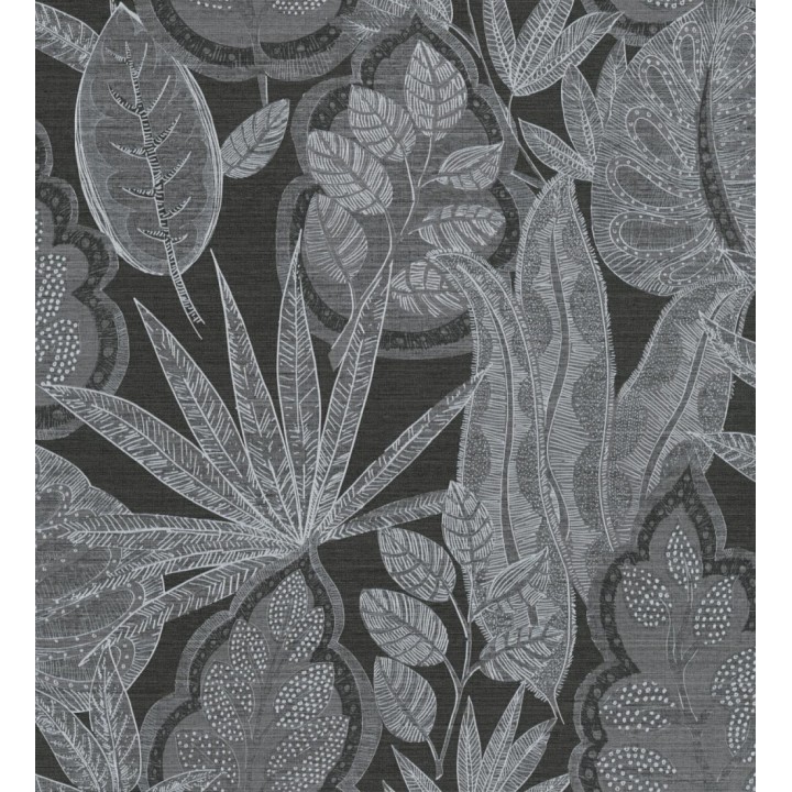 Papel pintado botánico con grandes hojas de estilo étnico colores negro y blanco - Kenya Leaves 683303