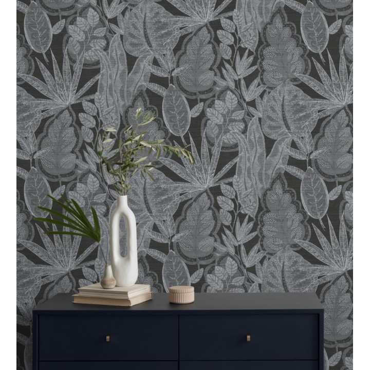 Papel pintado botánico con grandes hojas de estilo étnico colores negro y blanco - Kenya Leaves 683303