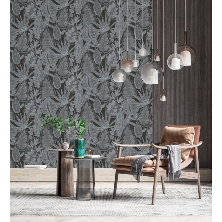 Papel pintado botánico con grandes hojas de estilo étnico colores negro y blanco - Kenya Leaves 683303