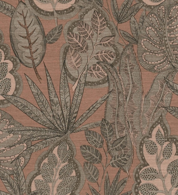 Papel pintado botánico con grandes hojas de estilo étnico colores tierra - Kenya Leaves 683304