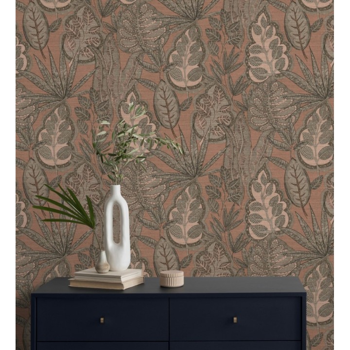 Papel pintado botánico con grandes hojas de estilo étnico colores tierra - Kenya Leaves 683304