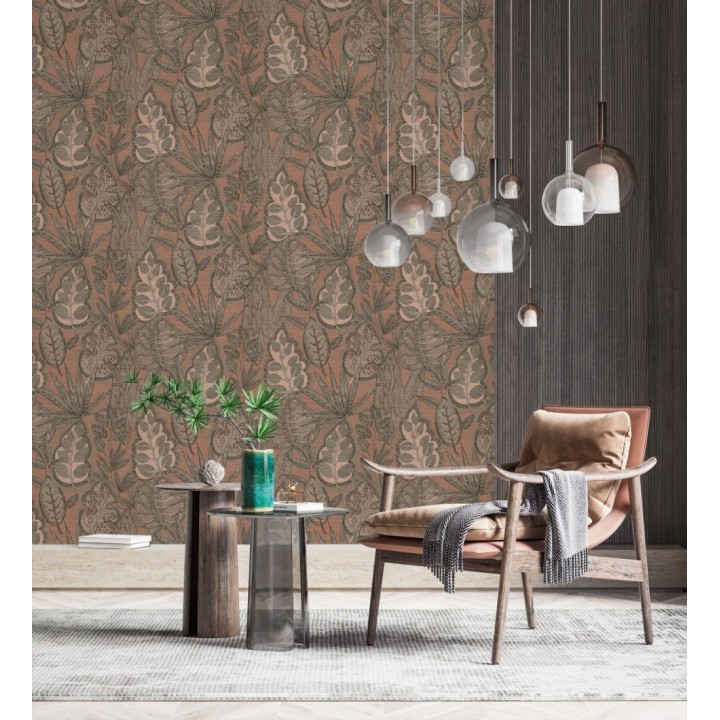 Papel pintado botánico con grandes hojas de estilo étnico colores tierra - Kenya Leaves 683304