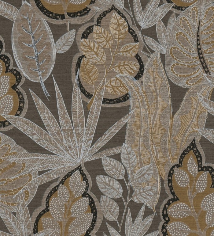 Papel pintado botánico con grandes hojas de estilo étnico colores marrones y ocre - Kenya Leaves 683305