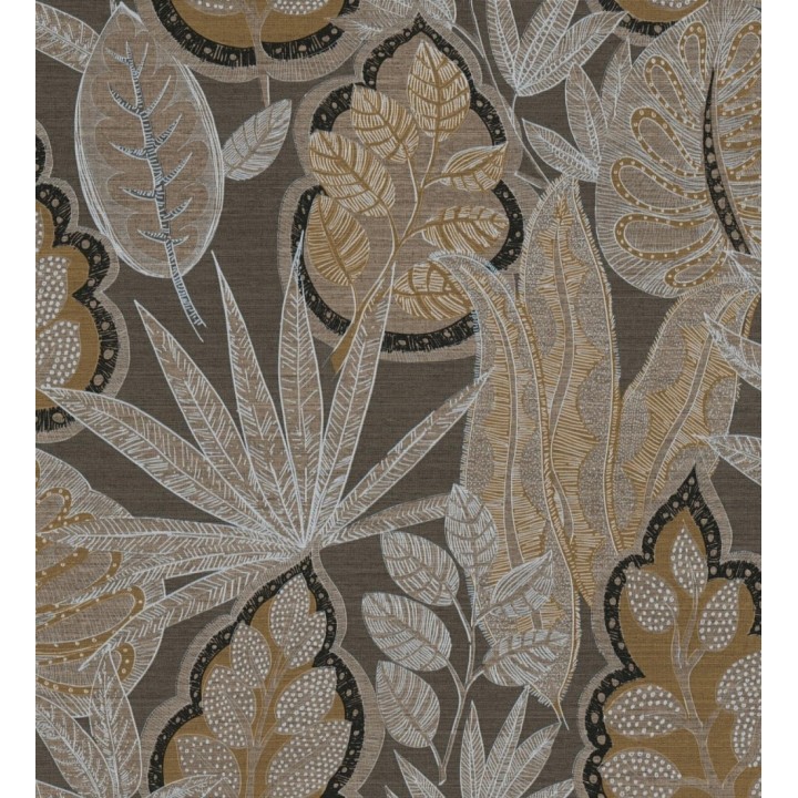 Papel pintado botánico con grandes hojas de estilo étnico colores marrones y ocre - Kenya Leaves 683305