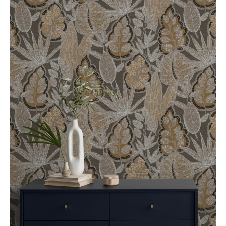 Papel pintado botánico con grandes hojas de estilo étnico colores marrones y ocre - Kenya Leaves 683305