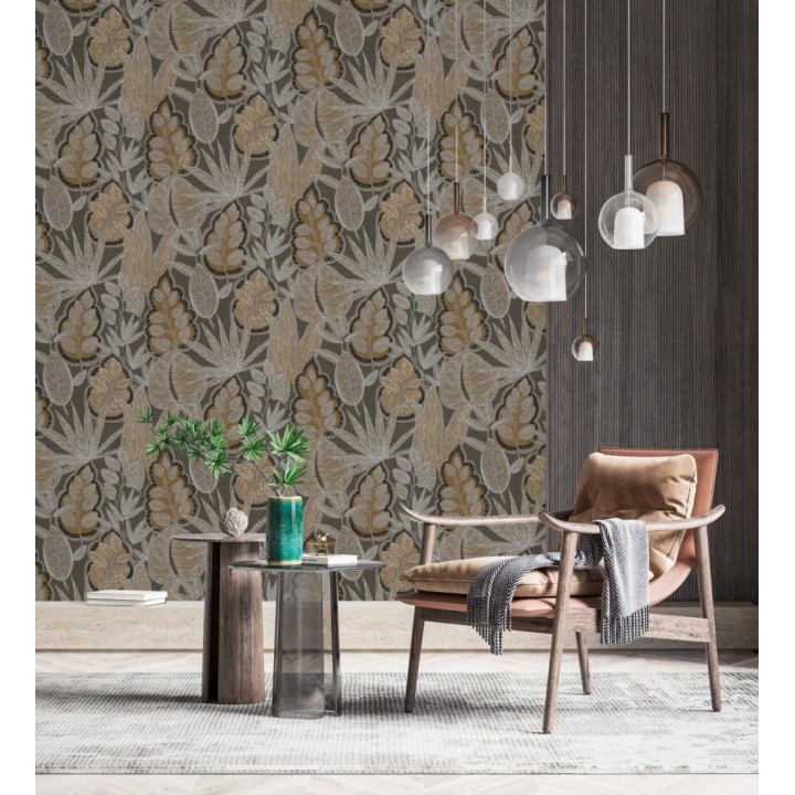 Papel pintado botánico con grandes hojas de estilo étnico colores marrones y ocre - Kenya Leaves 683305