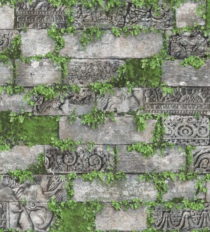 Papel pintado muro de piedra labrada con musgo - Etnik Brick Garden 125811
