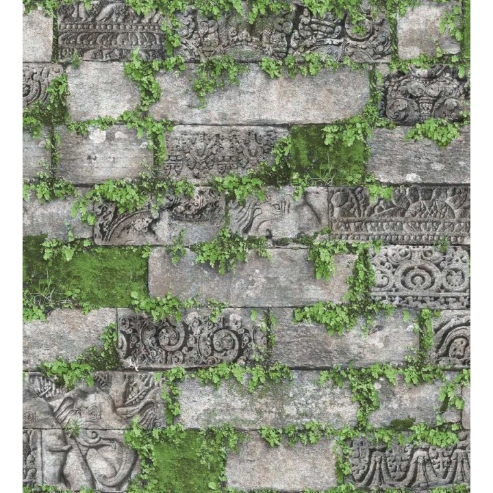 Papel pintado muro de piedra labrada con musgo - Etnik Brick Garden 125811