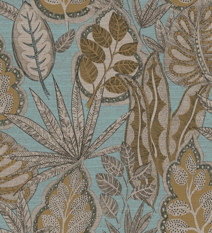 Papel pintado botánico con grandes hojas de estilo étnico colores verde agua y mostaza - Kenya Leaves 683306