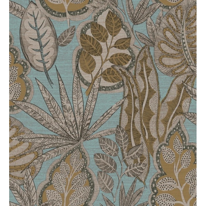 Papel pintado botánico con grandes hojas de estilo étnico colores verde agua y mostaza - Kenya Leaves 683306