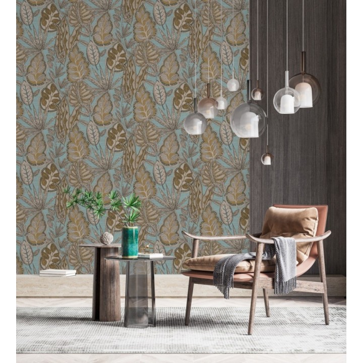 Papel pintado botánico con grandes hojas de estilo étnico colores verde agua y mostaza - Kenya Leaves 683306