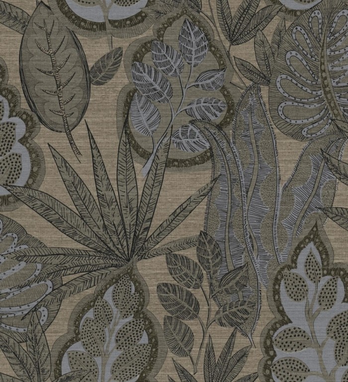 Papel pintado botánico con grandes hojas de estilo étnico colores gris visón y gris - Kenya Leaves 683307