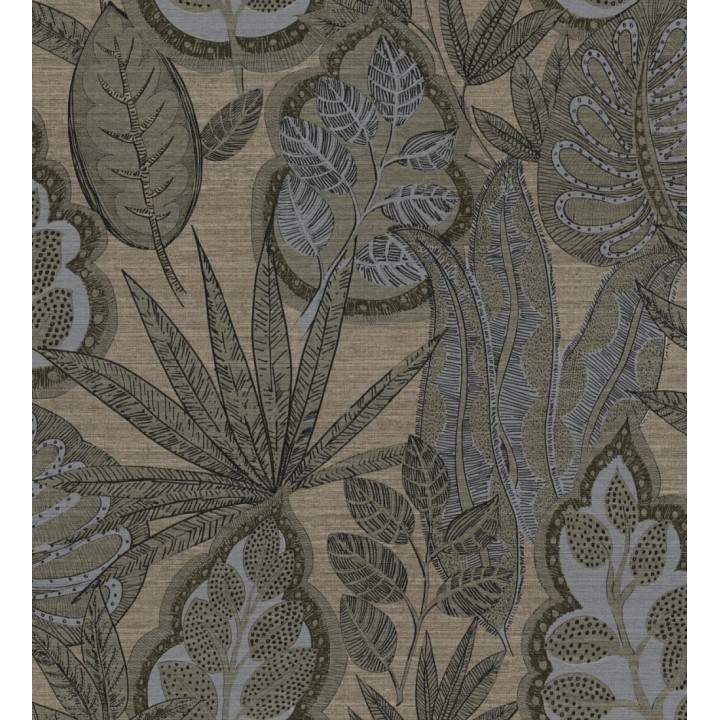 Papel pintado botánico con grandes hojas de estilo étnico colores gris visón y gris - Kenya Leaves 683307