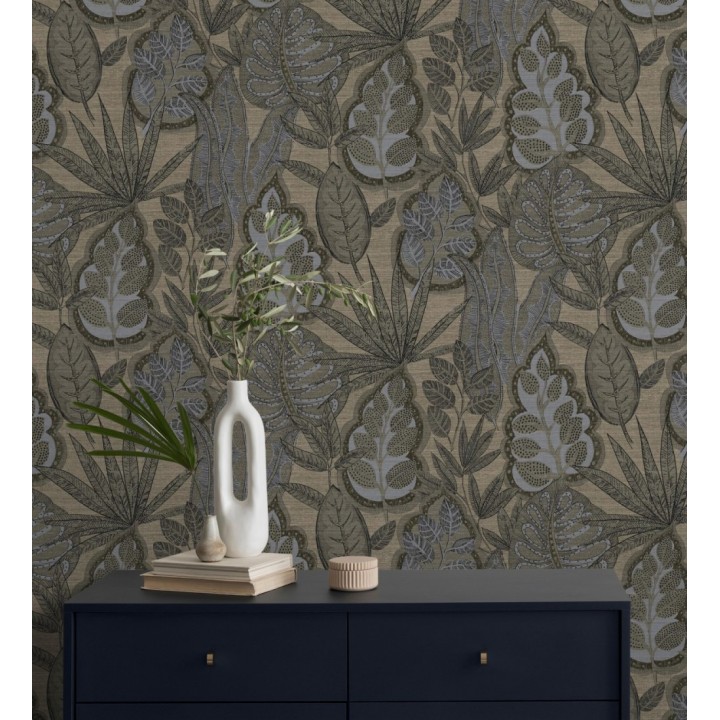 Papel pintado botánico con grandes hojas de estilo étnico colores gris visón y gris - Kenya Leaves 683307