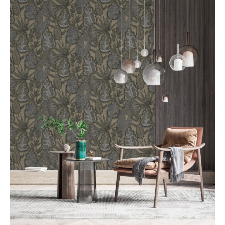 Papel pintado botánico con grandes hojas de estilo étnico colores gris visón y gris - Kenya Leaves 683307
